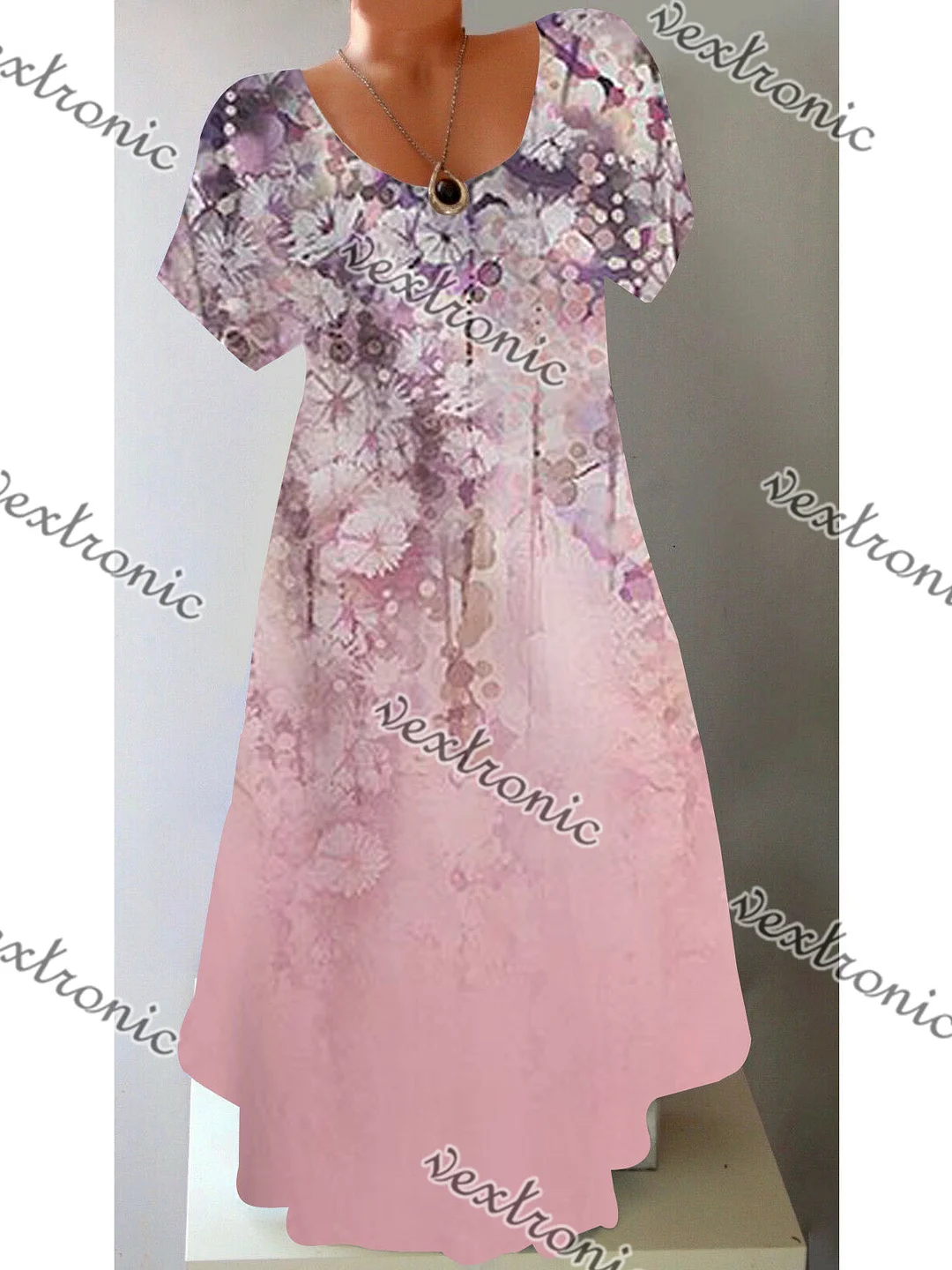 Women's Short Sleeve Scoop Neck Pink Floral Printed Midi Dress