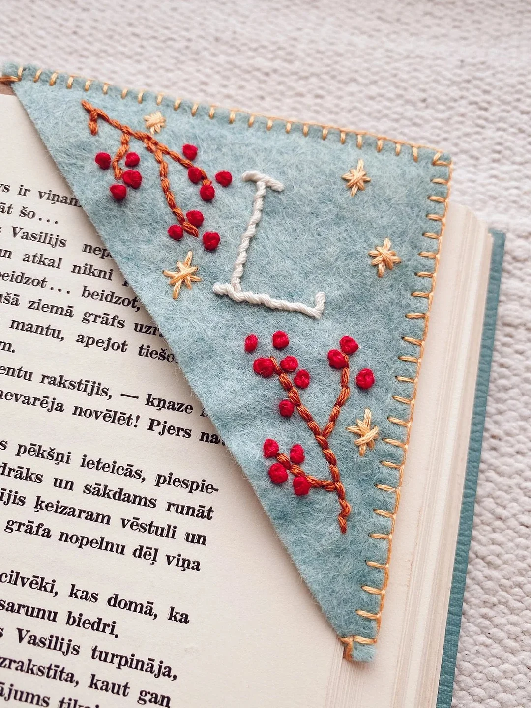 Personalized hand embroidered corner bookmark