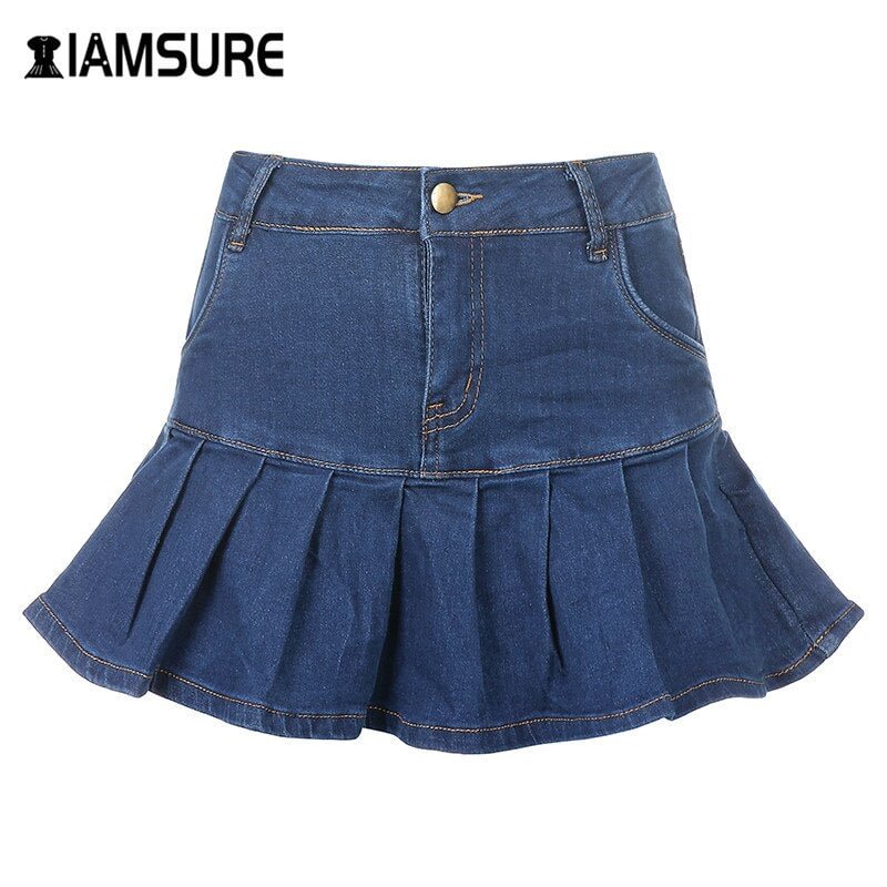IAMSURE Preppy Style Casual Zipper Fly Safety Short Denim Skirt Summer Streetwear Ruffles High Waist Mini Jeans Skirt For Women