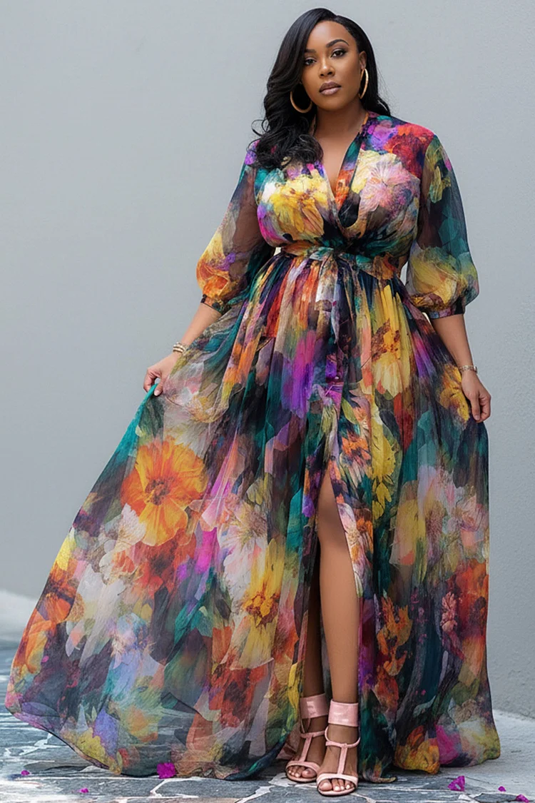 Xpluswear Design Plus Size Vacation Multicolor Floral V Neck Puff Sleeve Half Sleeve Split Chiffon Maxi Dresses [Pre-Order] 2024 - Xpluswear