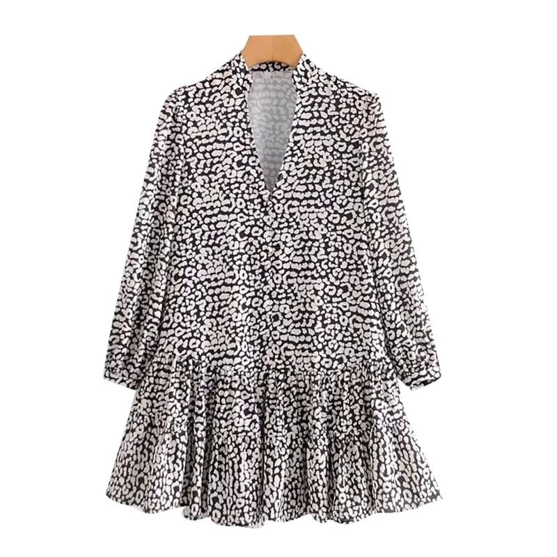TRAF Women Chic Fashion Leopard Print Ruffled Mini Dress Vintage V Neck Long Sleeve Female Dresses Vestidos Mujer