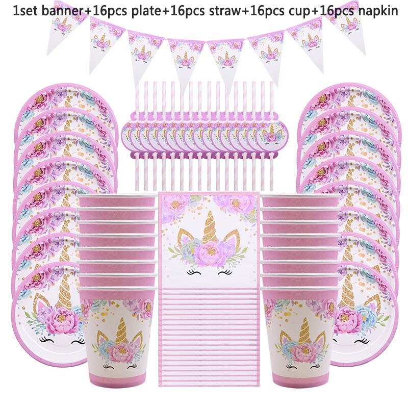 65Pcs Girl Birthday Party Pink Unicorn Paper Plate Cup Napkin Disposable Tableware Sets Baby Shower 1st Birthday Party Supplies