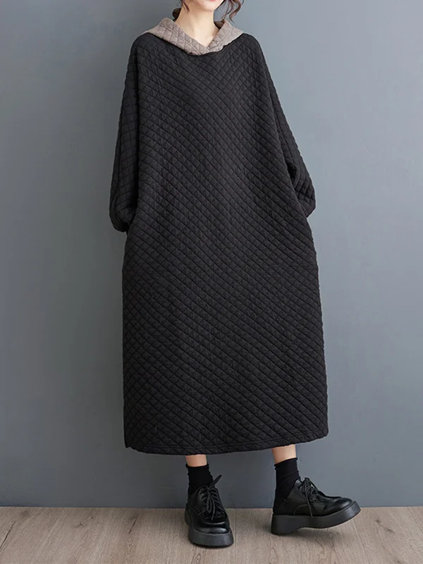 Split-Side Quilted Hooded Puff Sleeves Loose Midi Dresses