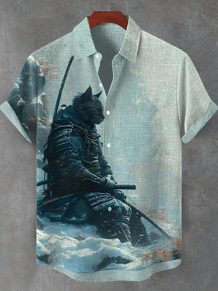 Men's Japanese Cat Samurai Art Print Short Sleeve Shirt