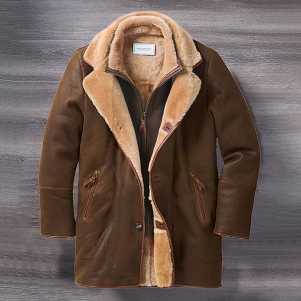 Men's Autumn & Winter Lined Fleece Vintage Mid Length PU Jacket