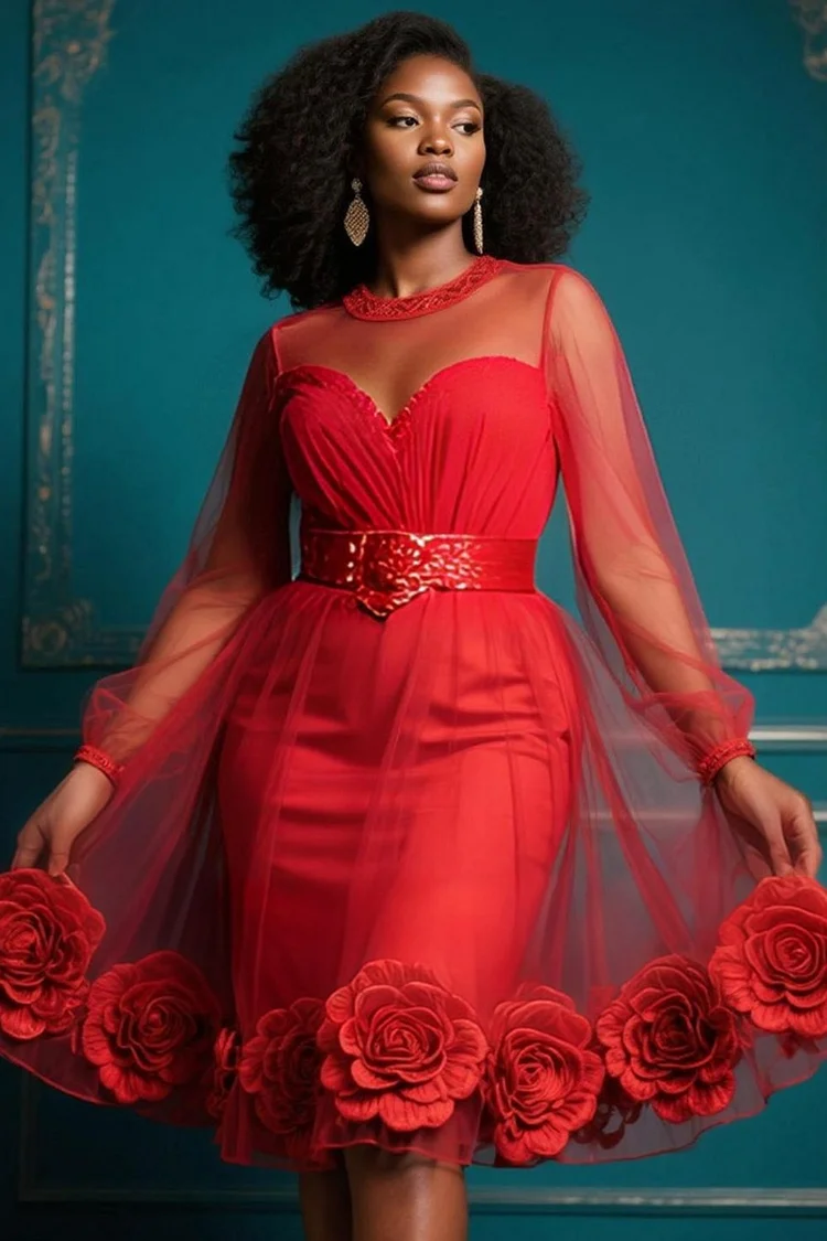 Xpluswear Design Plus Size Party Red Round Neck Long Sleeve 3D Elegant See Through Tulle Midi Dresses [Pre-Order]