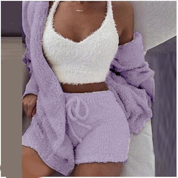 Autumn Winter Women Knitted Three Piece Set Casual Coral Velvet Pajamas Sexy Cardigan Crop Tops Shorts Suit Tracksuit Sweatshirt