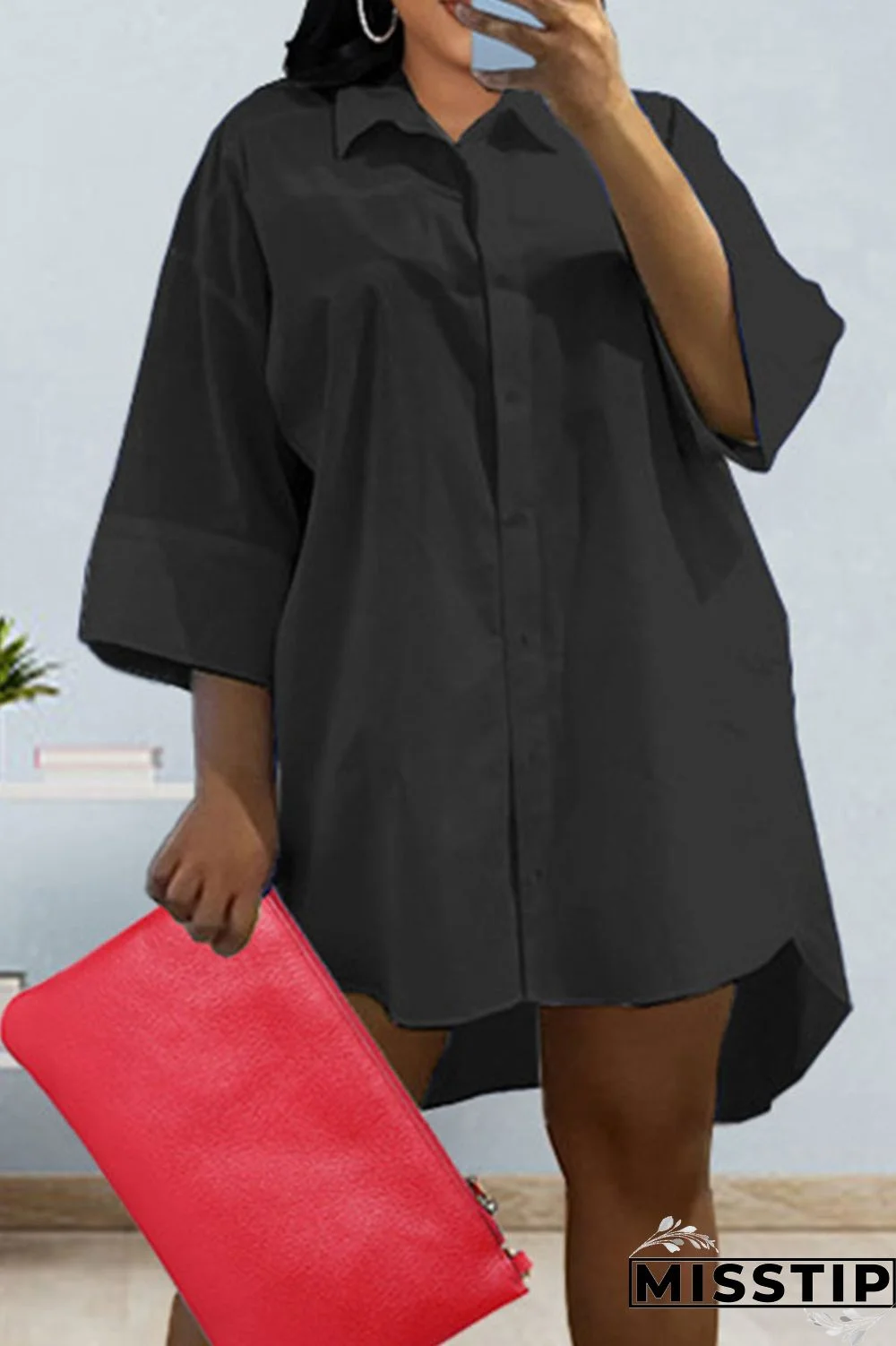 Black Casual Solid Patchwork Buckle Turndown Collar Shirt Dress Dresses