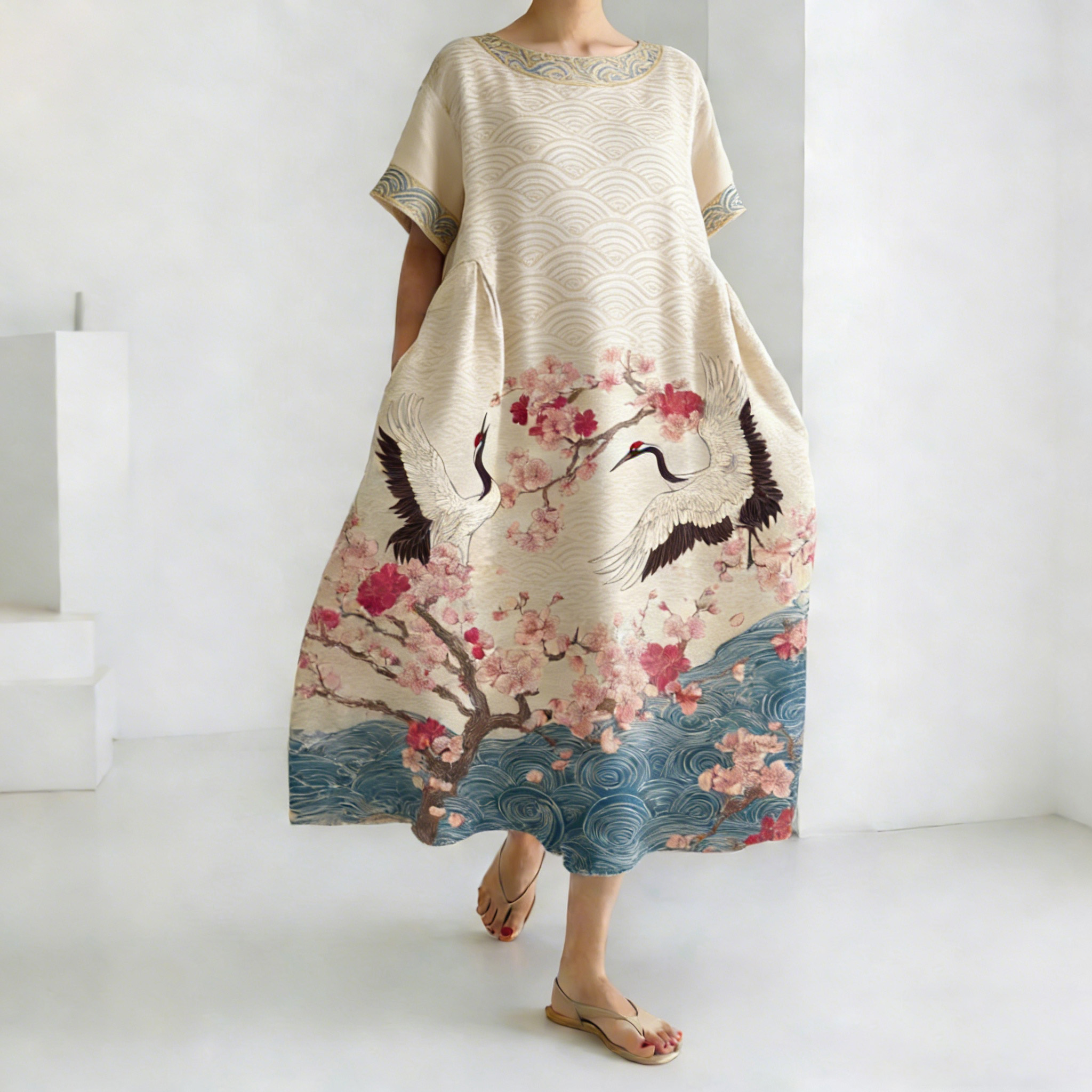 Women's Comfortable Dress With Japanese-style Flying Crane Floral And Water Ripple Pattern elevenforest