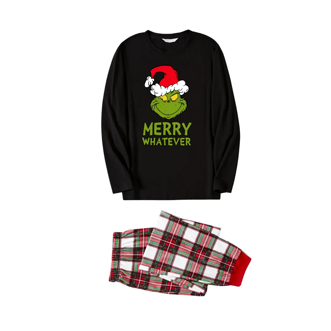 Christmas Cartoon Pattern and Text Print Black Long Sleeve Top with Red & White & Green Plaid Family Matching Pajamas