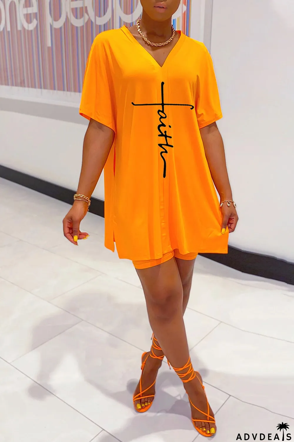 Tangerine Red Casual Print Split Joint V Neck Short Sleeve Two Pieces