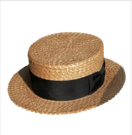 Flat-top straw hat with a black satin ribbon side-knot