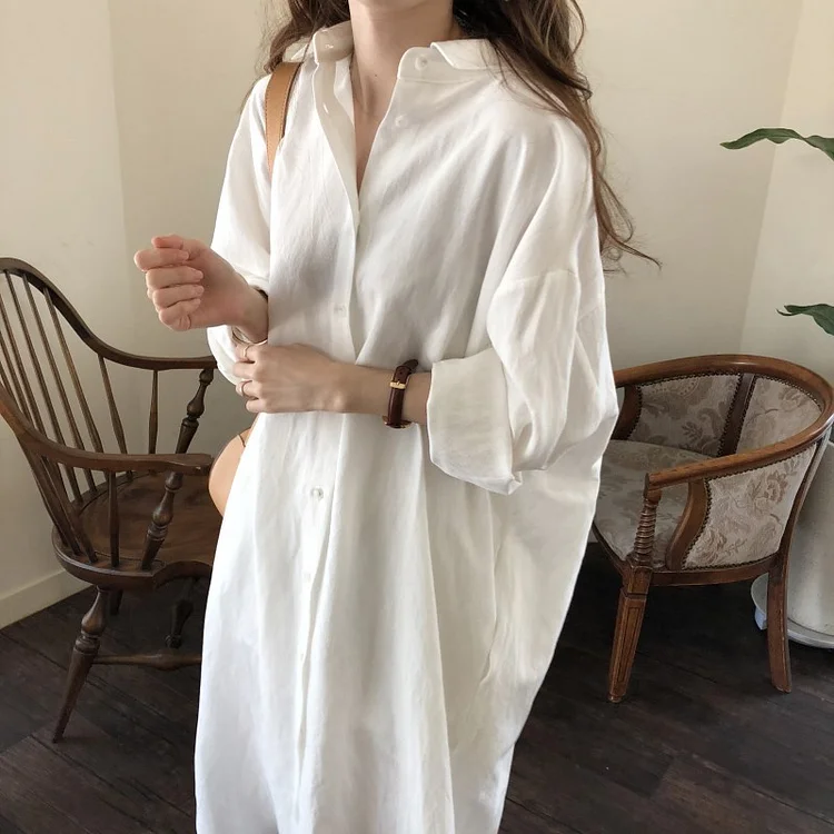 Simple Solid Color Long Sleeve  Midi Dress