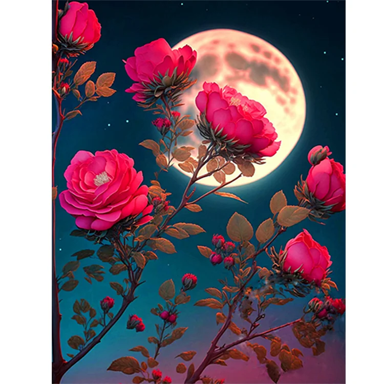 Cheap 5D DIY Diamond Painting Pink Roses and Moon Flowers Cross