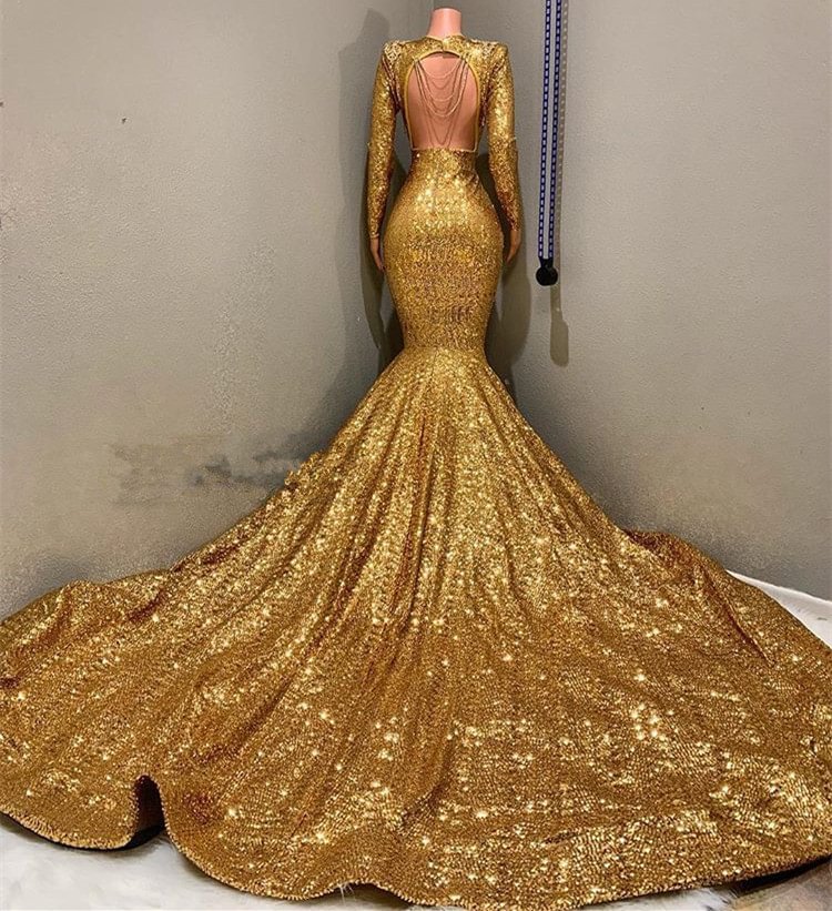 Long Gold Sleeves V-Neck Mermaid Prom Dress With Applique | Ballbellas Ballbellas