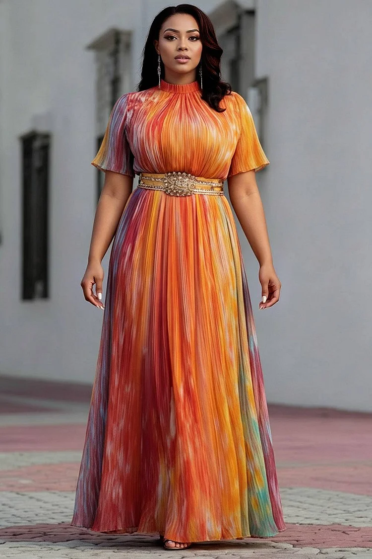 Xpluswear Design Plus Size Mother Of The Bride Elegant Orange Colorblock Round Neck Short Sleeve Pleated Pocket Chiffon Maxi Dresses [Pre-Order] 2024 - Xpluswear