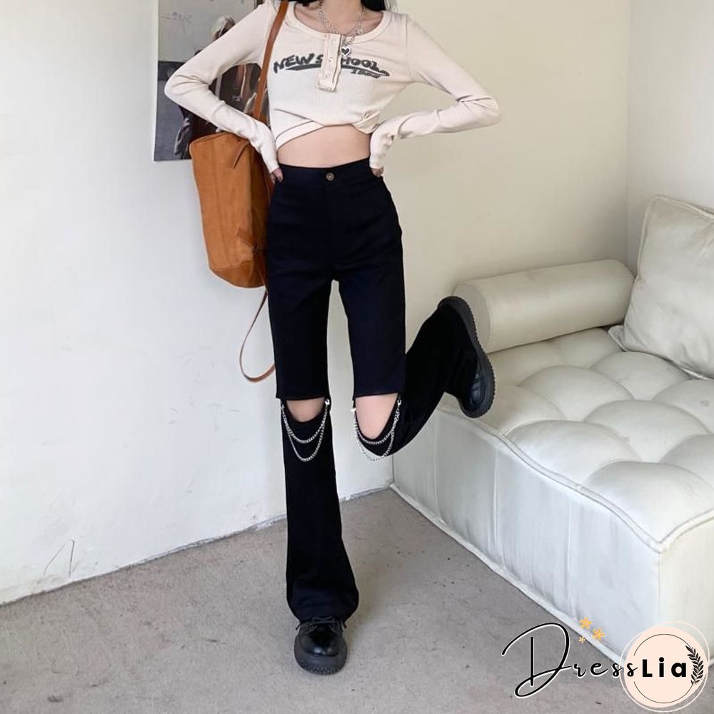 Fashion Hollow Out Streetwear Hole Women Jeans Summer High Waist Harajuku Straight Denim Pants Vintage Chain Y2K Wide Leg Pants
