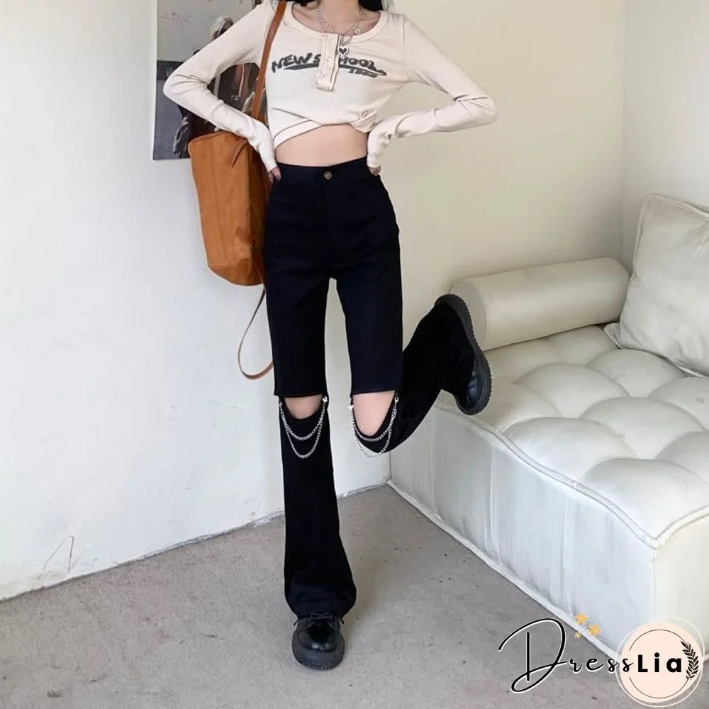 Fashion Hollow Out Streetwear Hole Women Jeans Summer High Waist Harajuku Straight Denim Pants Vintage Chain Y2K Wide Leg Pants