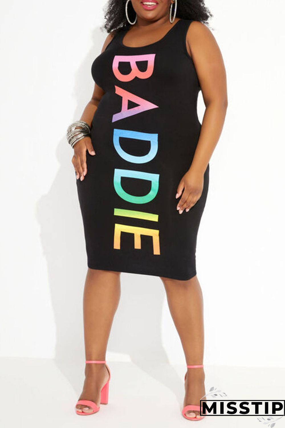 Black Casual Print Patchwork U Neck Vest Dress Plus Size Dresses