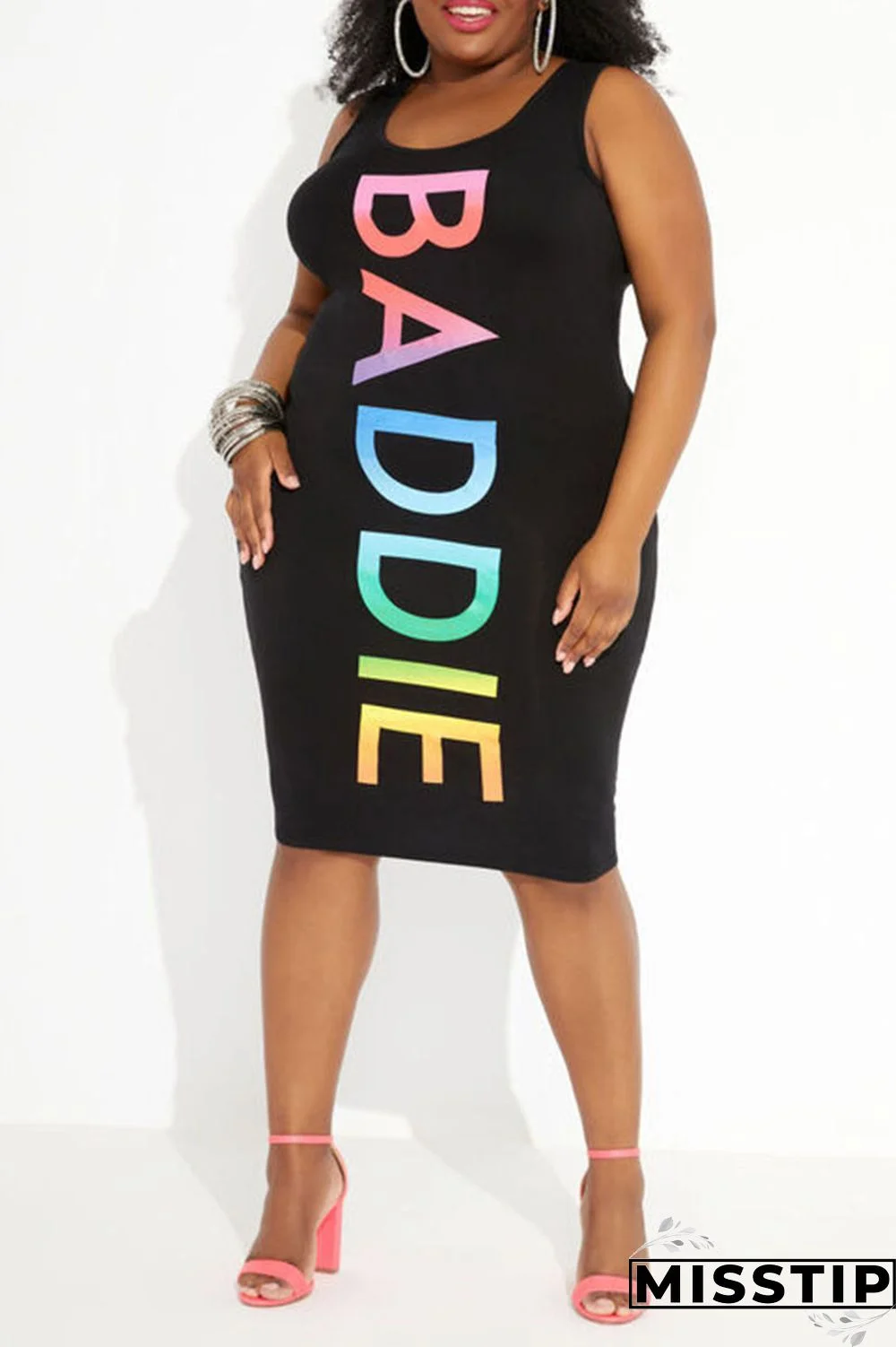 Black Casual Print Patchwork U Neck Vest Dress Plus Size Dresses