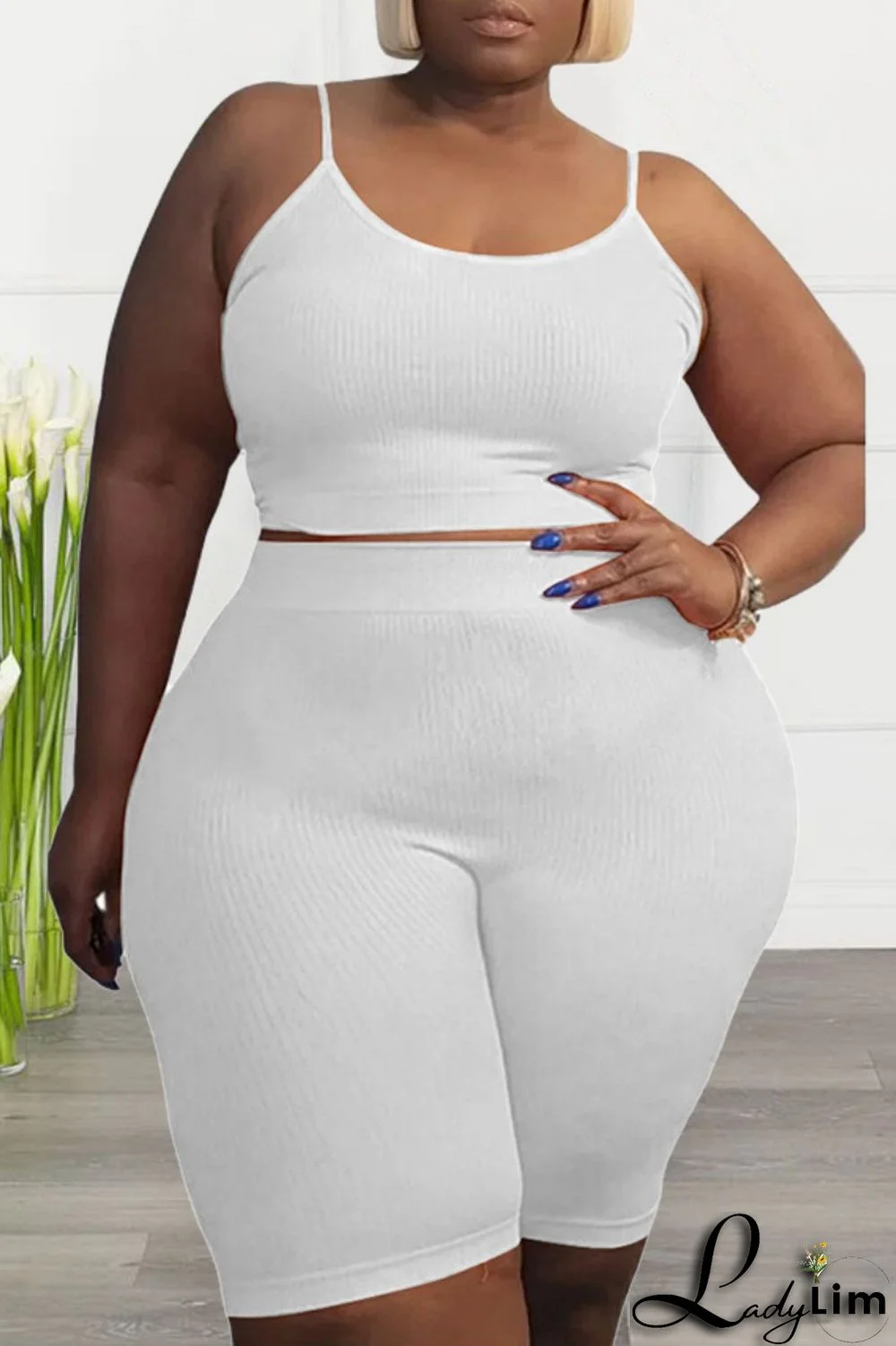 White Sexy Casual Solid Backless Spaghetti Strap Plus Size Two Pieces