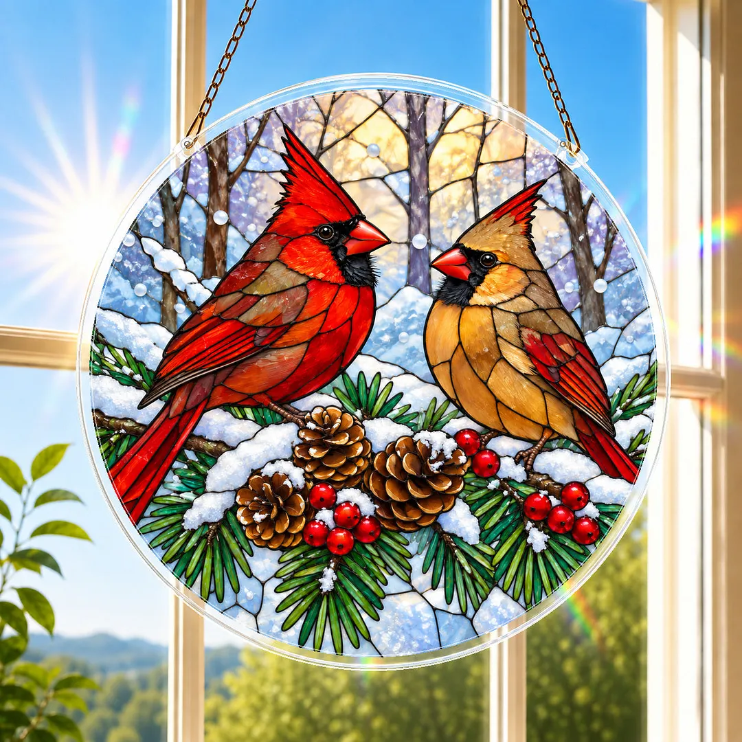Winter Cardinals Stained Glass Suncatcher Puzzle