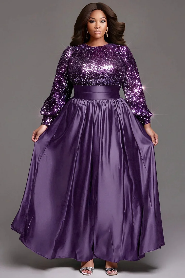 Xpluswear Design Plus Size Formal Purple Round Neck Long Sleeve Contrast Elegant Pocket Satin Sequin Maxi Dresses [Pre-Order]
