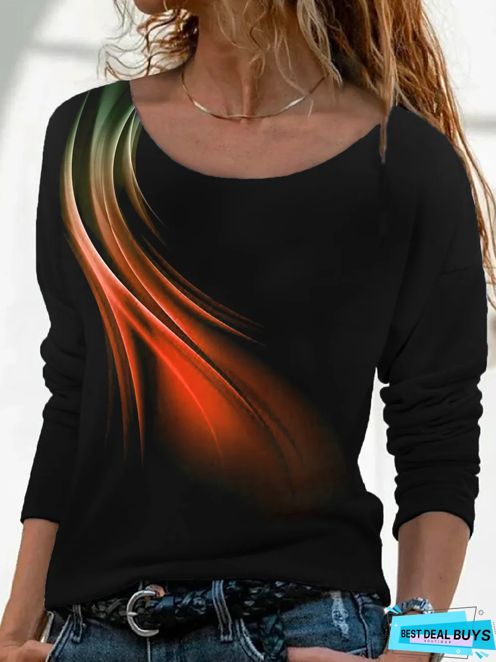 Casual Abstract Autumn Micro-Elasticity Jersey Long sleeve Crew Neck Regular H-Line T-shirt for Women