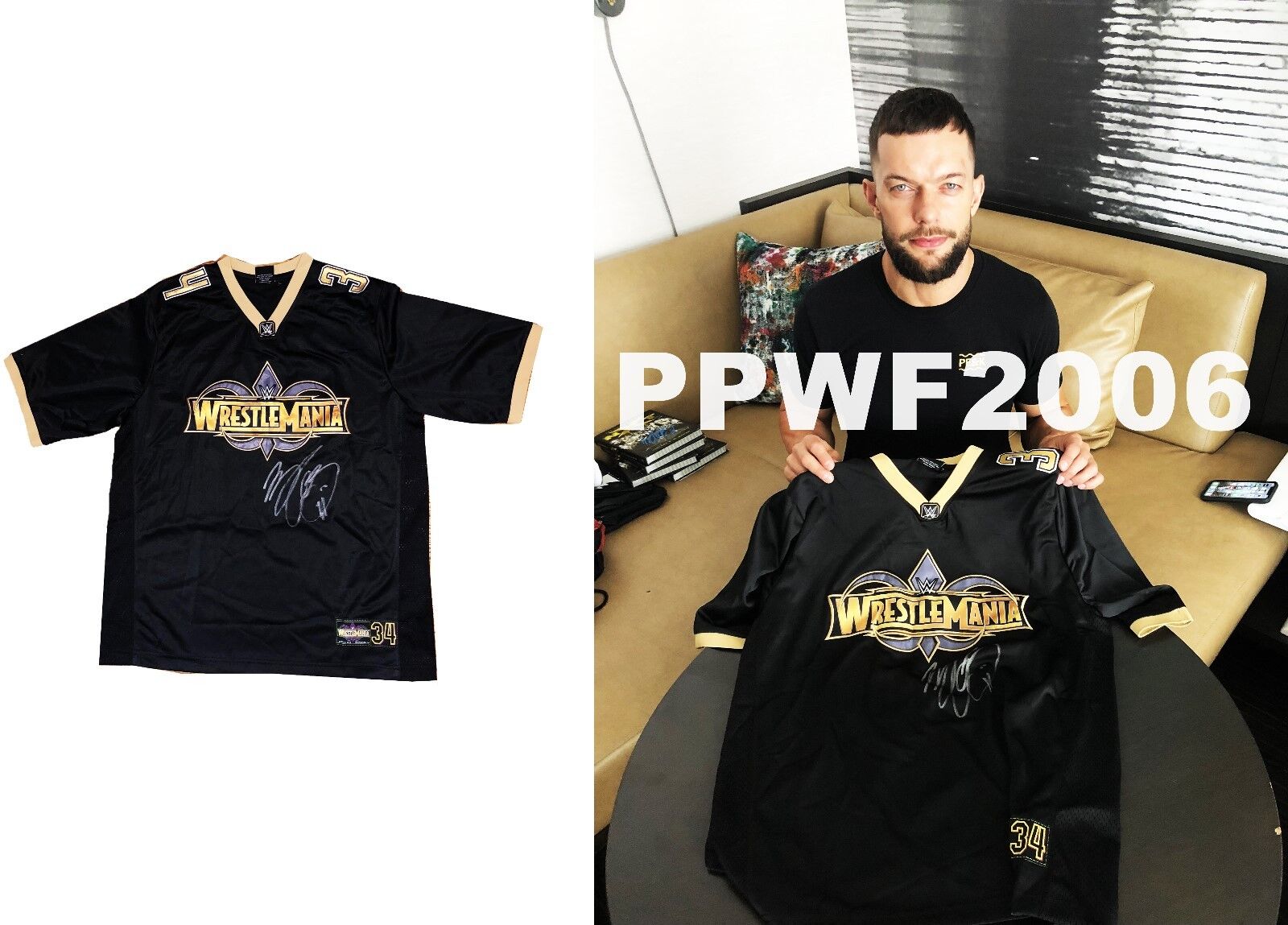 WWE FINN BALOR HAND SIGNED WRESTLEMANIA 34 BLACK JERSEY WITH PICTURE PROOF & COA