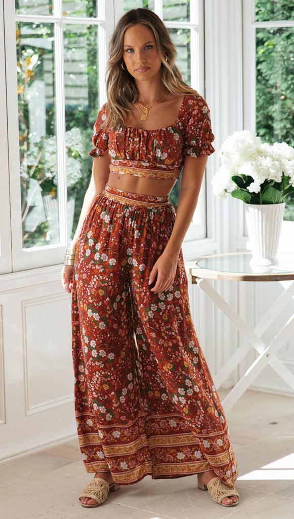 Coffee Floral Crop Top and Pants Matching Sets | MIXICHIC