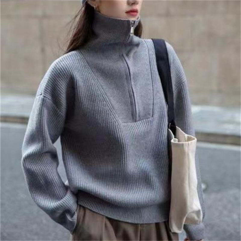 Women's Two Wear Half Zip Large Lapel Soft Waxy Sweater