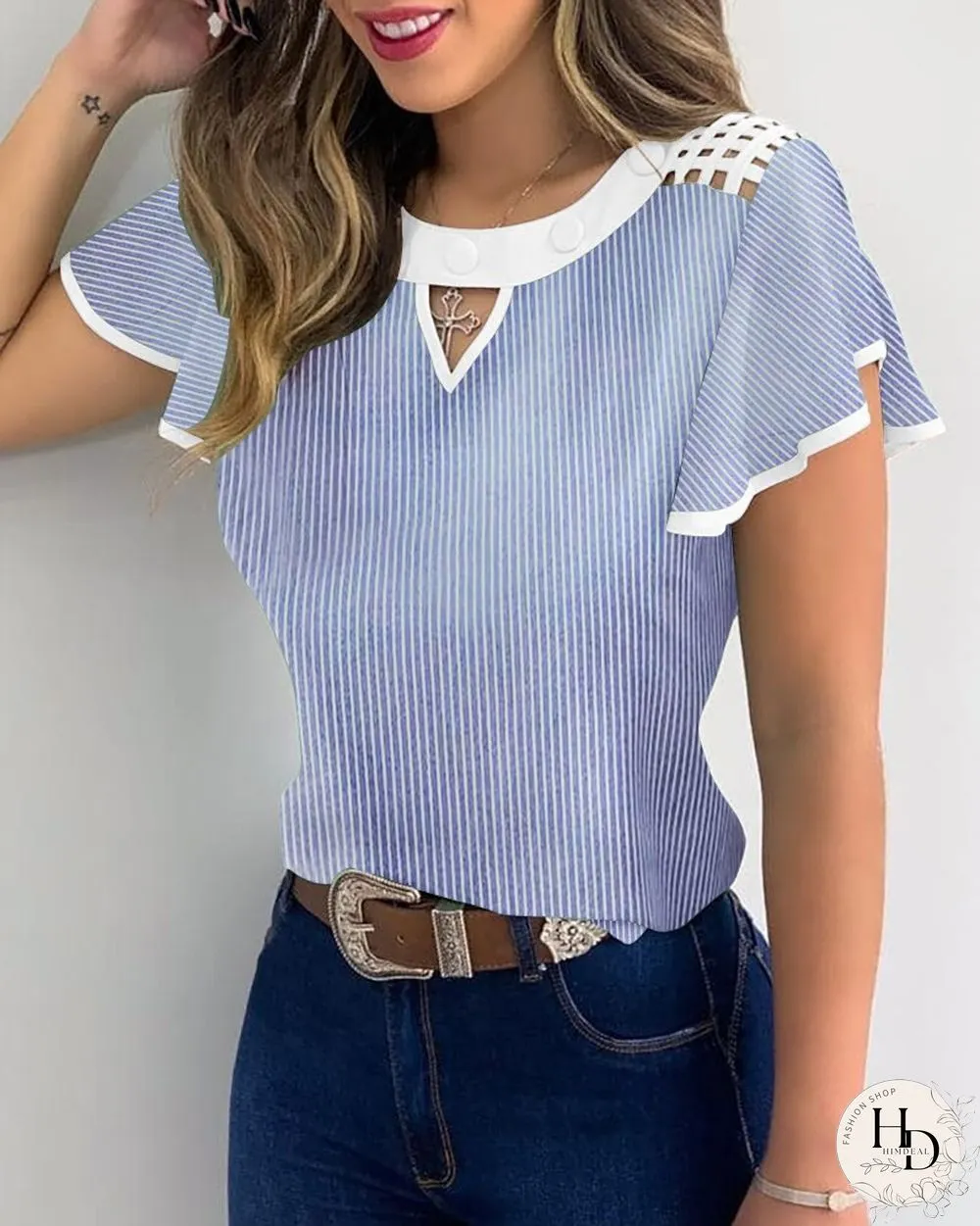 Womens Fashion Elegant Casual Floral Hollow Out Blouse Striped Colorblock Sheer Mesh