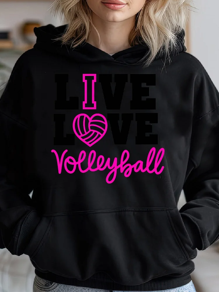 Women's Volleyball Hoodie - Live Love Volleyball Graphic Pullover Sweatshirt - Black With Pink Lettering - Soft Hooded Sweatshirt For Volleyball Players, Fans, Gifts - Machine Washable Casual Athletic Apparel, Volleyball Gifts, Sports Fan Apparel