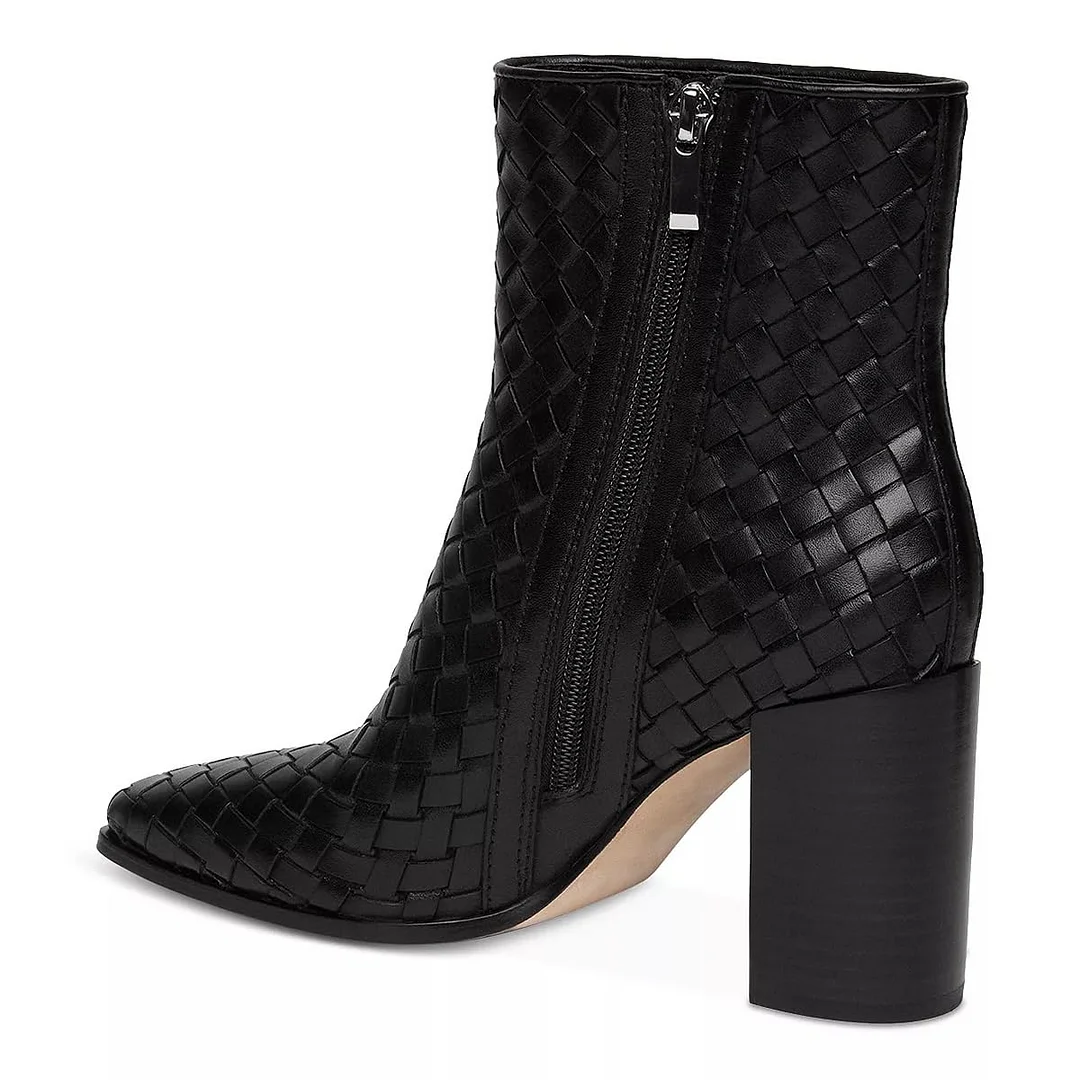 Black Vegan Leather Woven Side-Zip Ankle Boots with Block Heels
