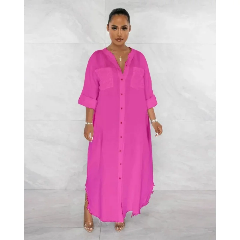 Toloer Toloer Summer Loose Solid Color Long Sleeve Single Breasted Half Open Collar Fringe Dress-Outfit Ideas