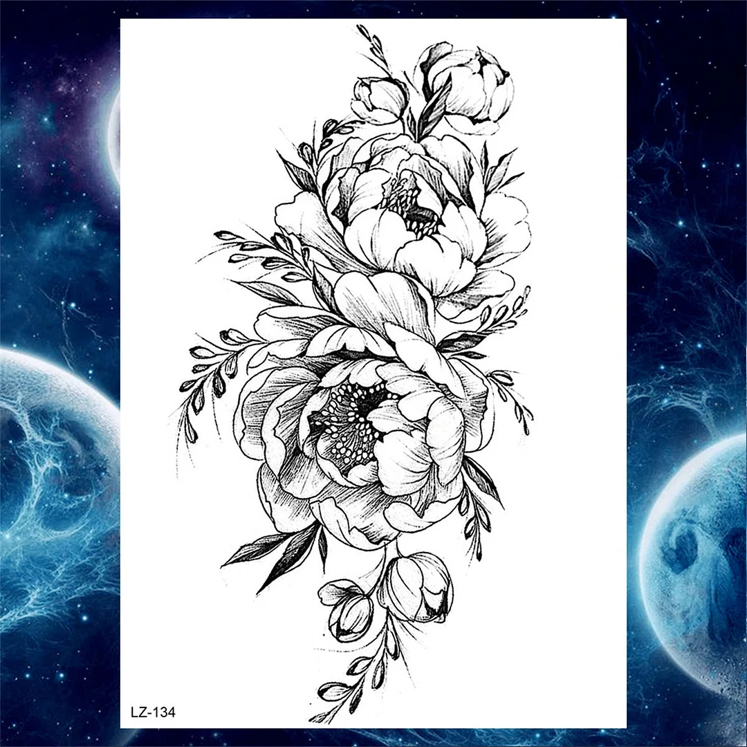 Large 3D Rose Flower Temporary Tattoos For Women Men Adults Death Skull Tattoo Sticker Peony Dahlia Black Fake Tatoos Forearm
