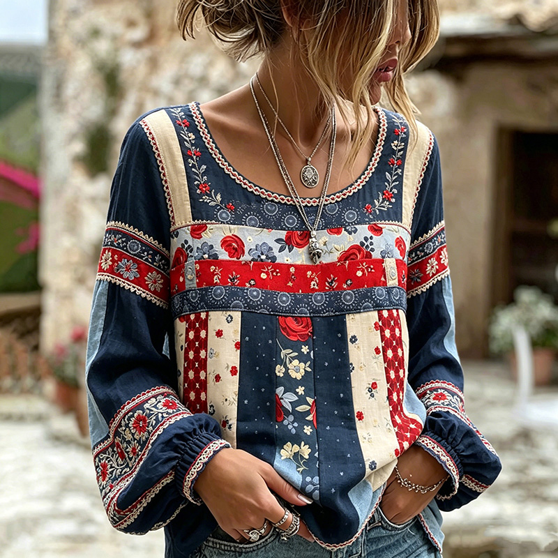  Women's Retro Independent Floral Patchwork Art Print Long Sleeve T-shirt Westsshops