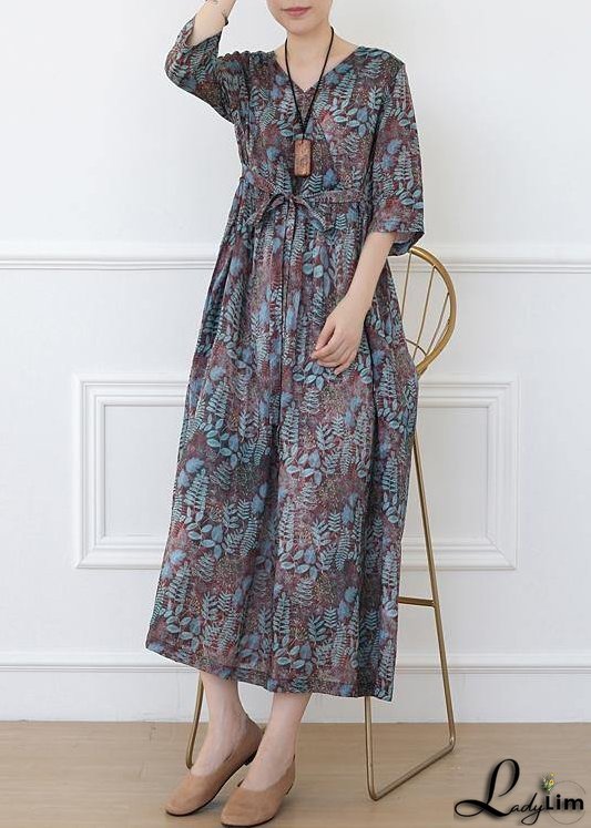 Casual Print Linen Dress V Neck Half Sleeve Spring Dress
