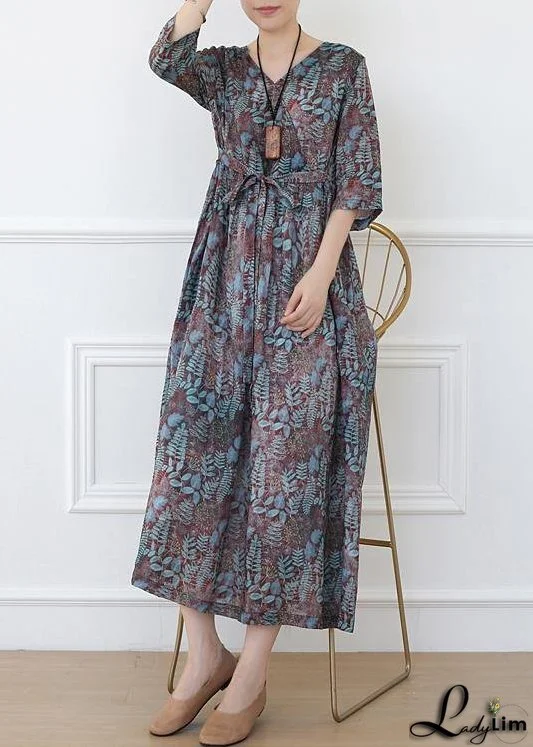 Casual Print Linen Dress V Neck Half Sleeve Spring Dress