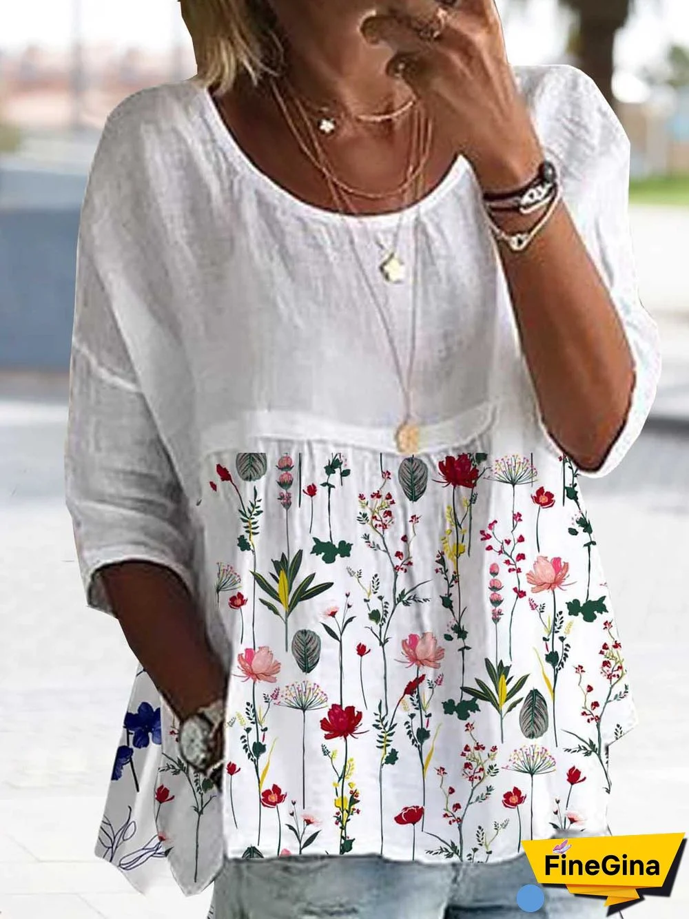 Floral Crew Neck Casual Tops