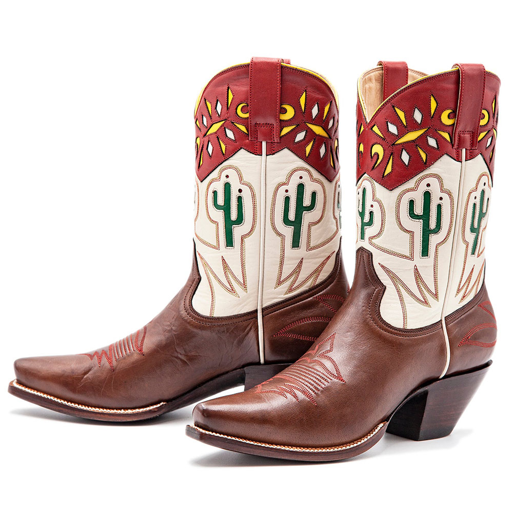 Brown Patchwork Snip Toe Embroidered Cowgirl Boots with Cactus Inlay Nicepairs
