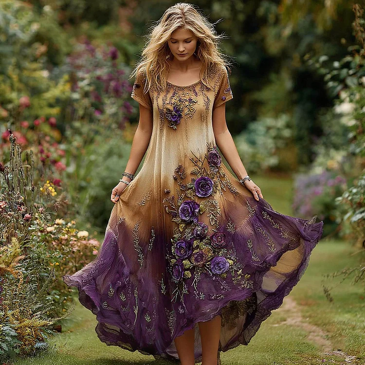 Women's Vintage Floral Embroidery Gradient Pattern Round Neck Dress