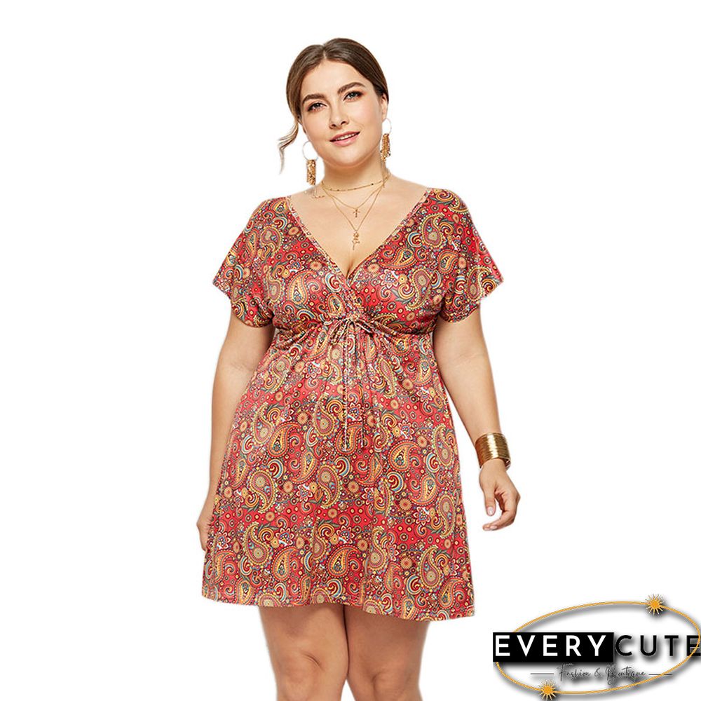 Orange V Neck Floral Print Beach Dress