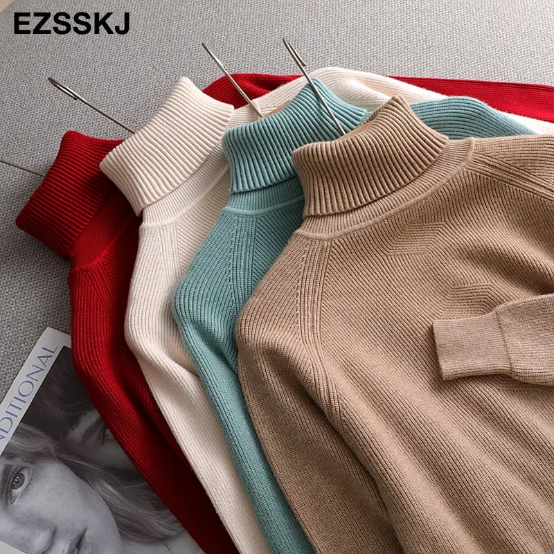 casual Autumn Winter Basic  THICK HIGH-NECK Sweater pullovers Women 2021 loose Knit  Pullover female Long Sleeve Khaki Sweater