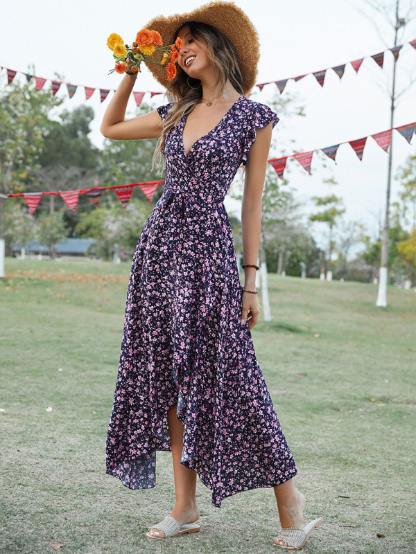 Mature Women Summer Bohemian V-Neck Tie Slim Swing Print Dress