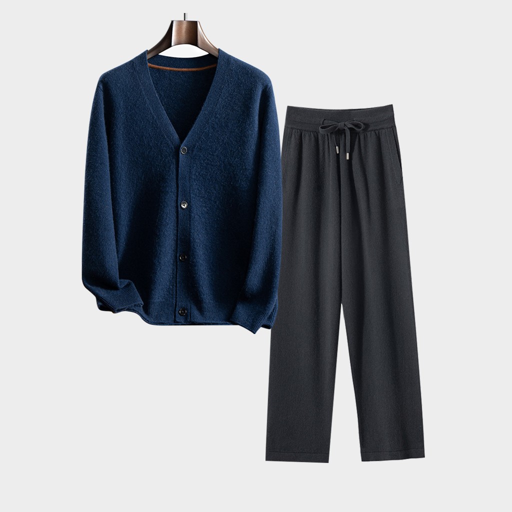 Men's Cardigan Cashmere Sweater and Wide-Leg Pants Set | Casual Outfit REAL SILK LIFE