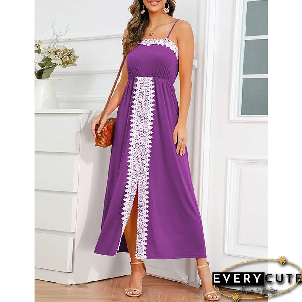 Purple Spliced Lace Trim Spaghetti Straps Dress
