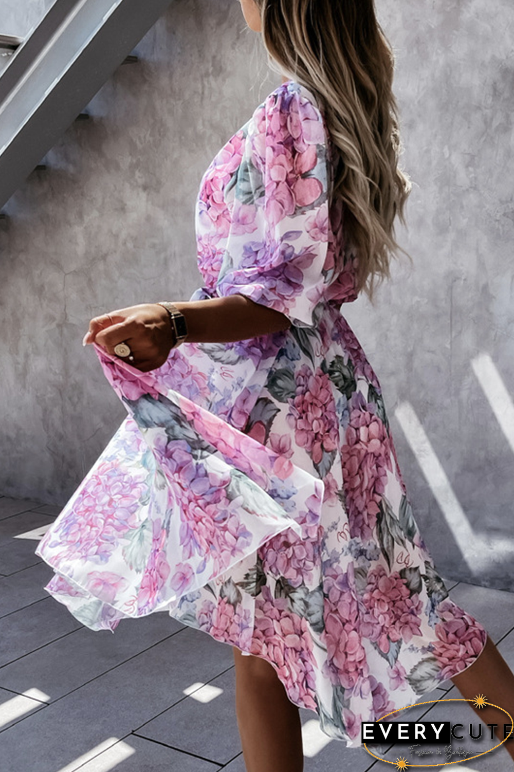 Fashion Elegant Floral Buckle With Belt V Neck Irregular Dress Dresses