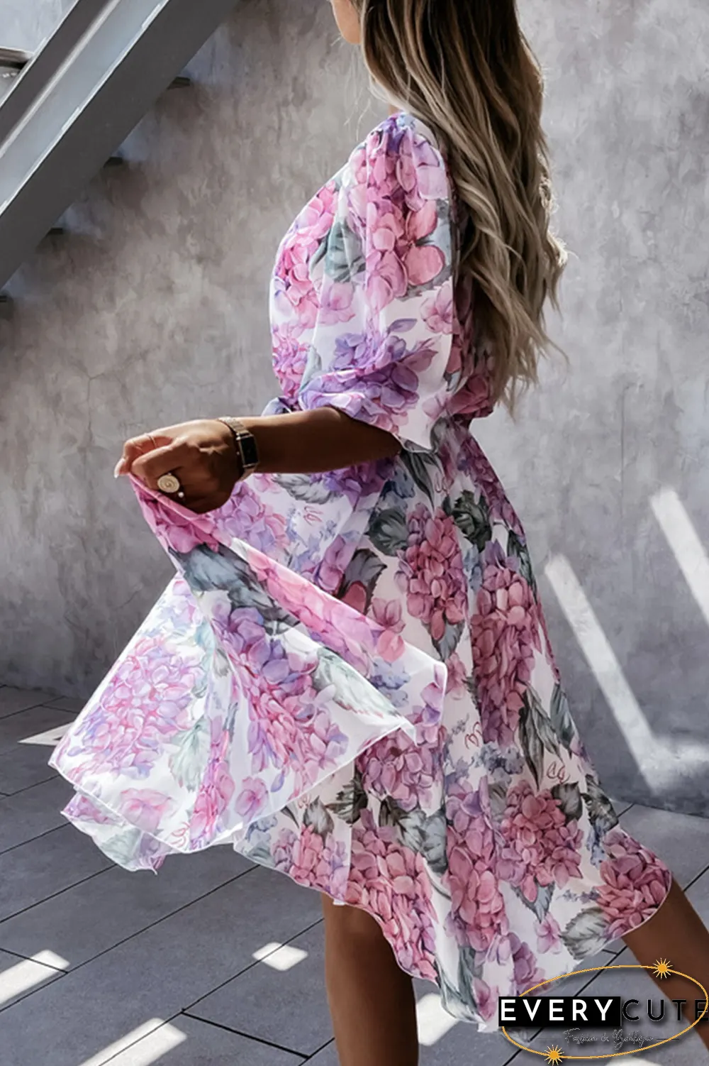 Fashion Elegant Floral Buckle With Belt V Neck Irregular Dress Dresses