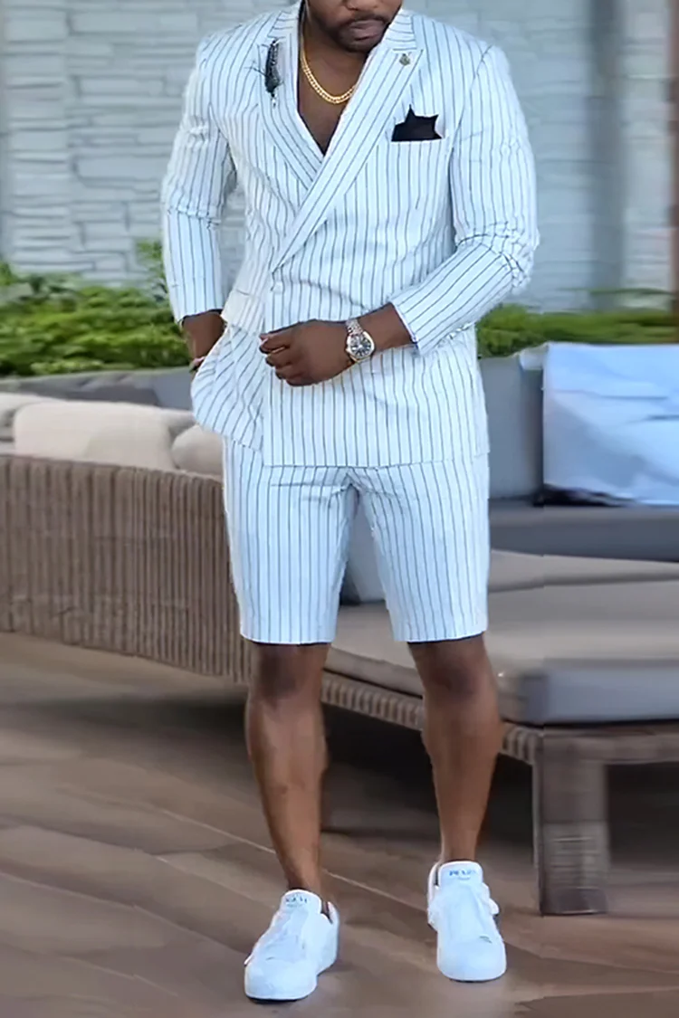 Tiboyz Fashion White Stripes Blazer And Shorts Two Piece Set